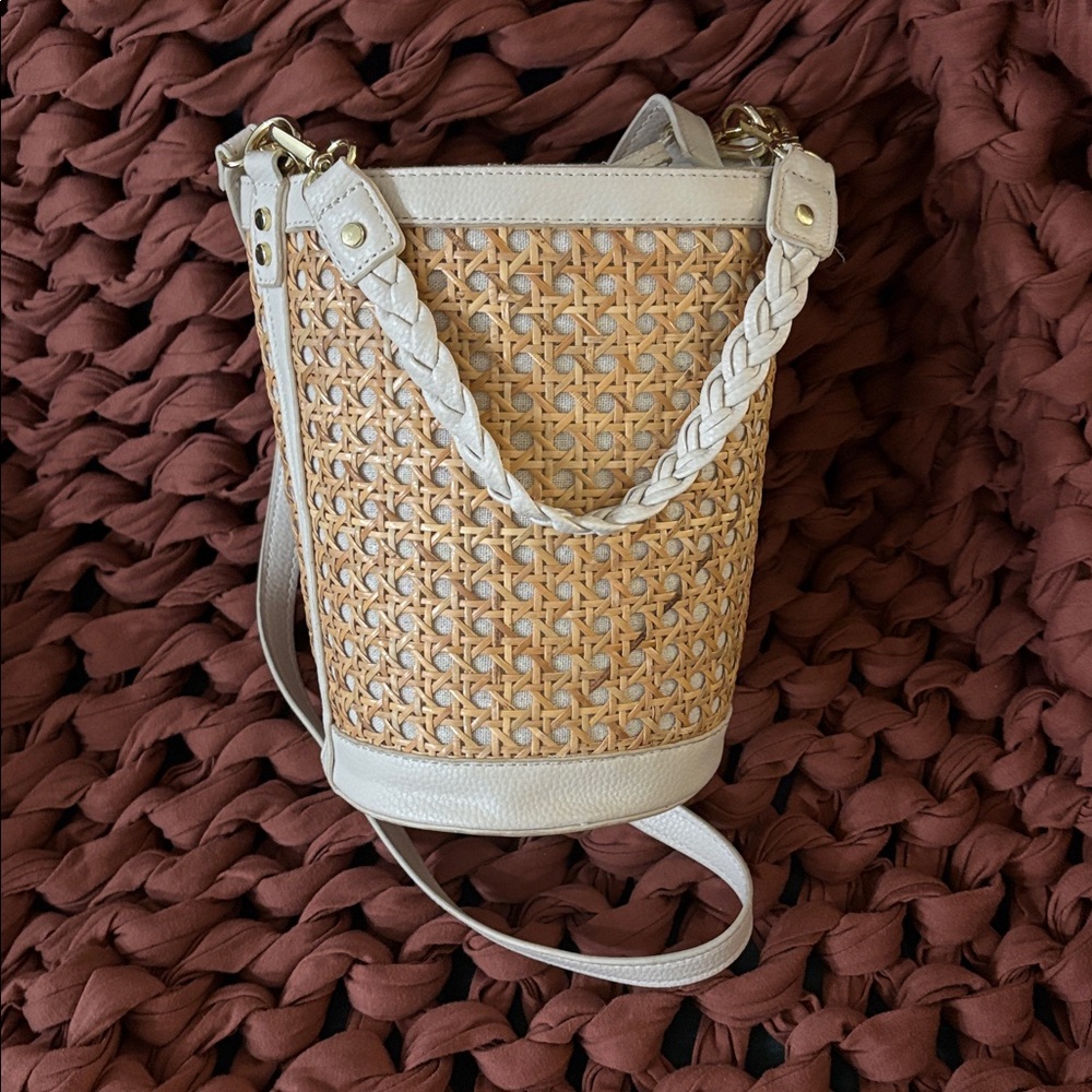 Tommy Bahama Woven Straw and Cream Leather Crossbody Bag